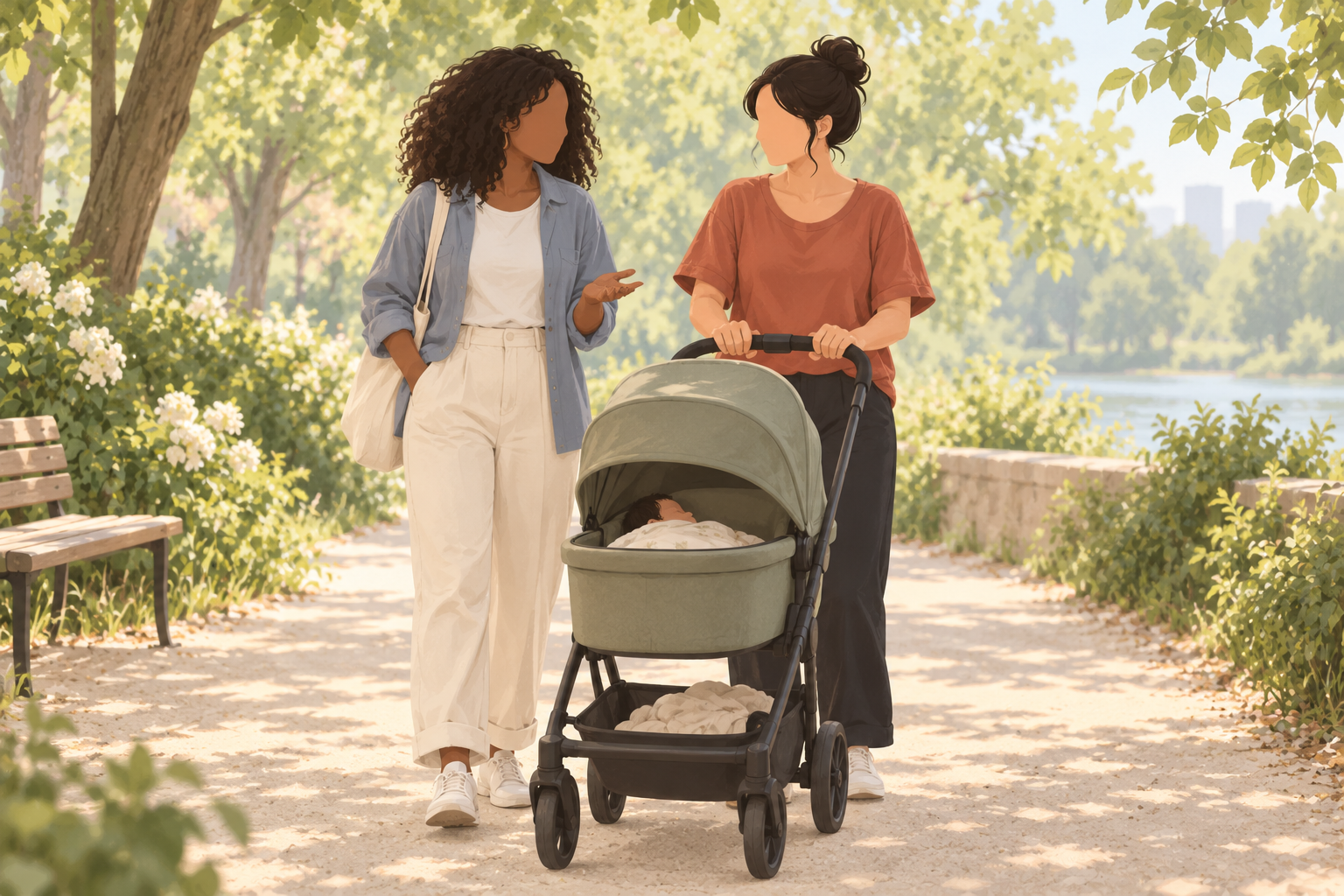 Mom and a friend taking a relaxed walk with baby in a stroller