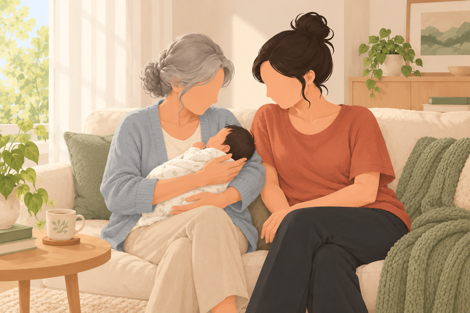 Grandmother lovingly holding baby while mom takes a quiet break beside her