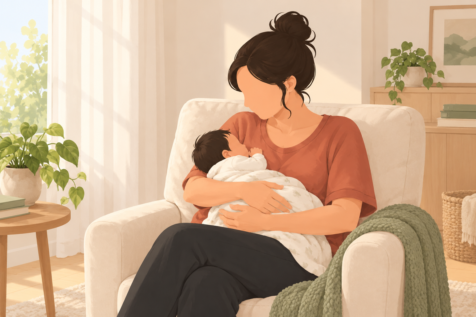 A mother cradling her newborn in a sunlit armchair