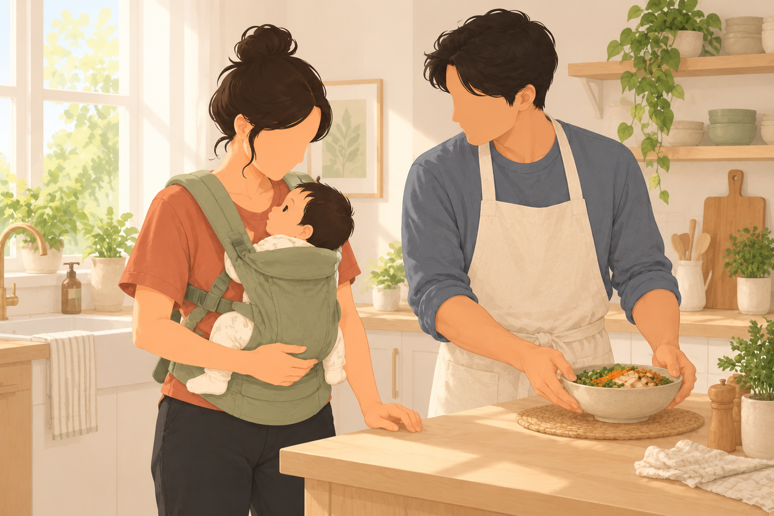 Mom wearing baby in a carrier as her partner serves a meal in the kitchen